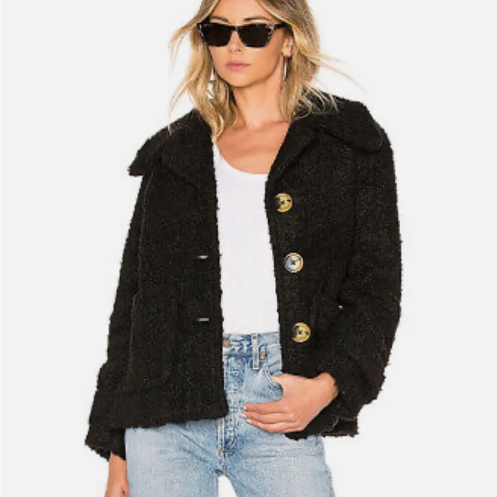 Free People so Soft Cozy Fuzzy Peacoat Coat Black Small XS